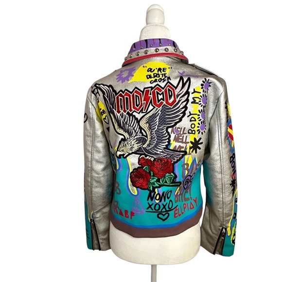 Robert Phillipe Graffiti Print Faux Leather Cropped Motorcycle Jacket Size M Stu - Picture 10 of 15